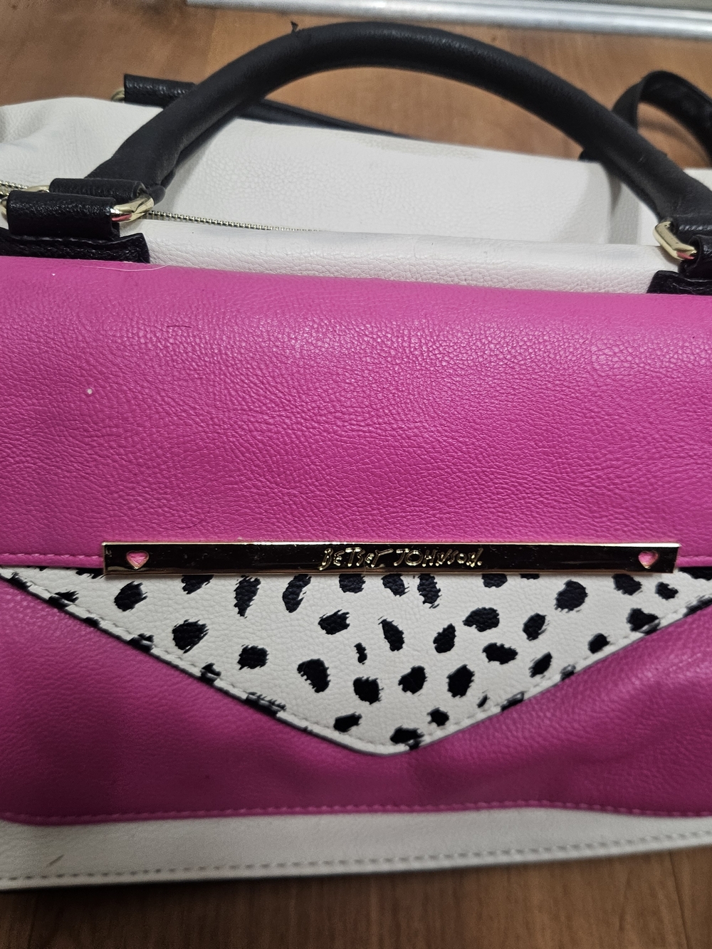Betsey Johnson Pink & White Dalmatian Accent Satchel